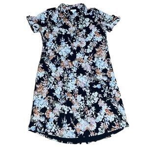 J. Jill Pima Cotton Collar Button Short Sleeve Floral Shirtdress Navy Blue MTall